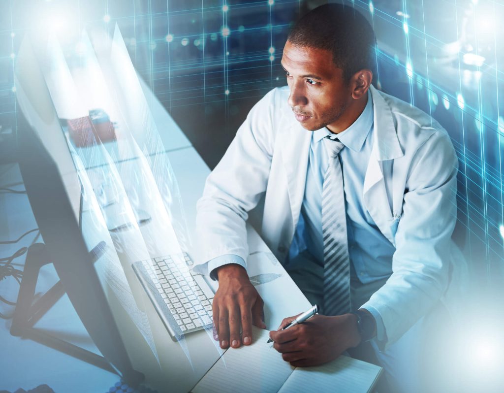 A clinical research professional verifying electronic clinical trial data