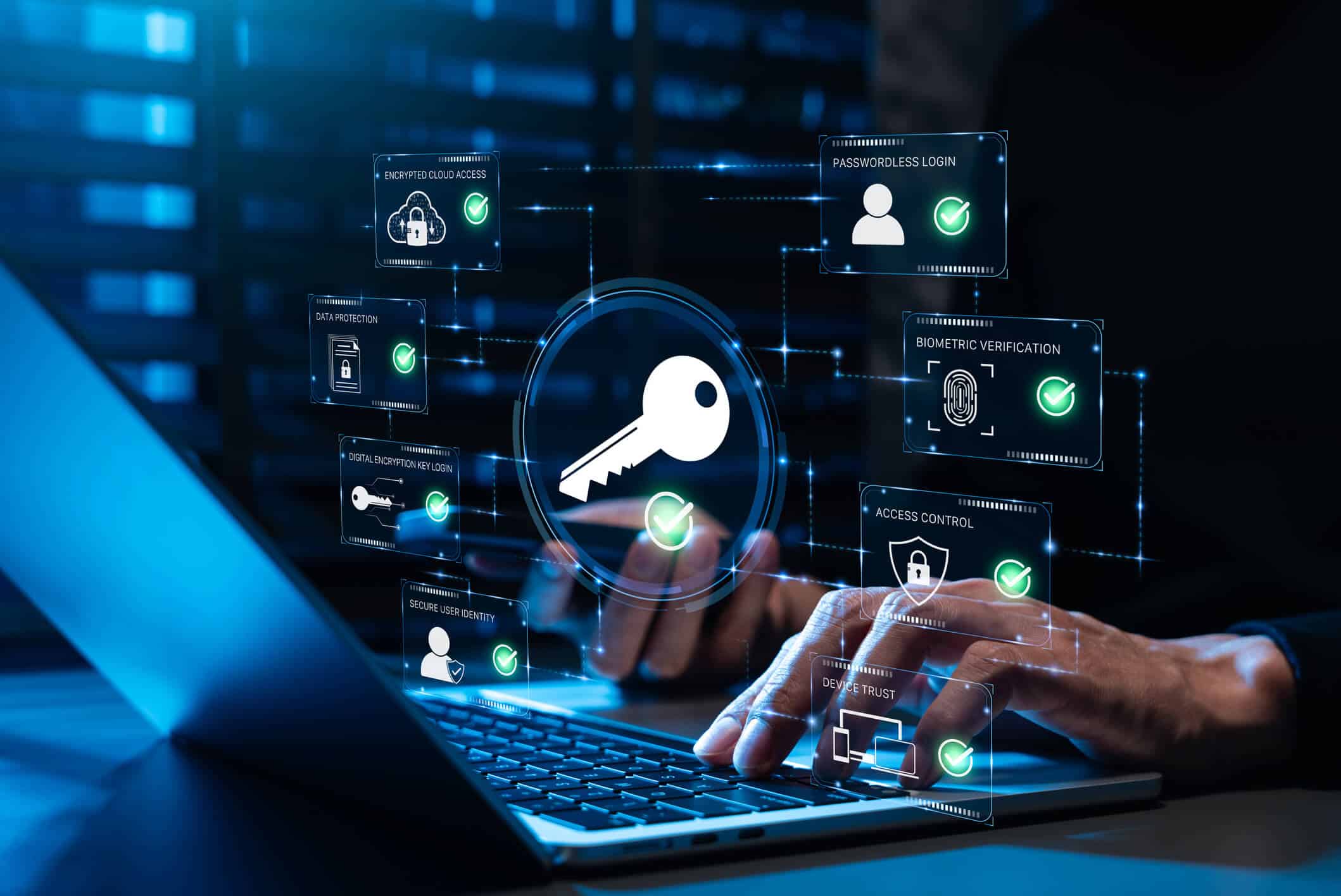 Digital key, identity verification, and access-control graphics illustrating cryptography in cybersecurity