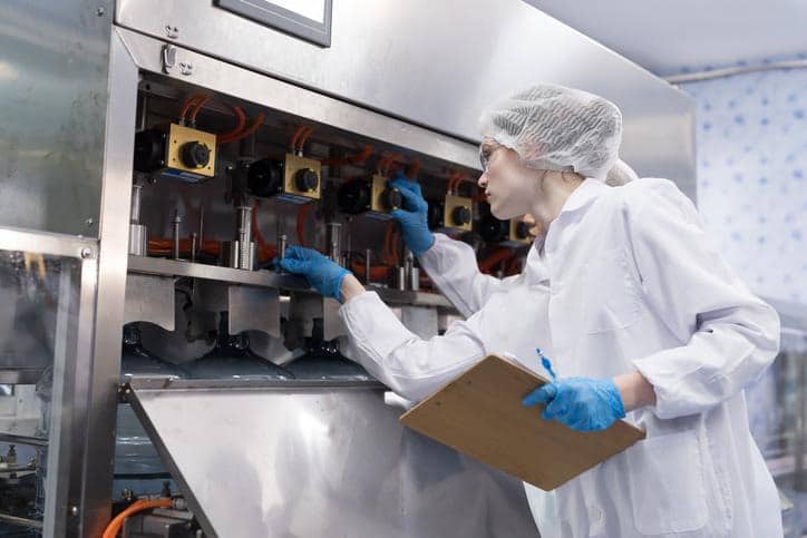 A quality professional inspecting food-contact equipment after cleaning