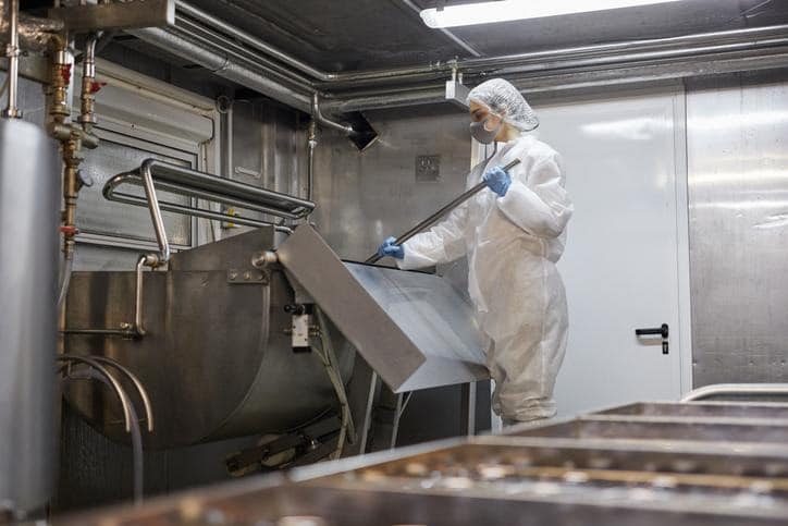 A food safety professional performing sanitation swabbing on processing equipment